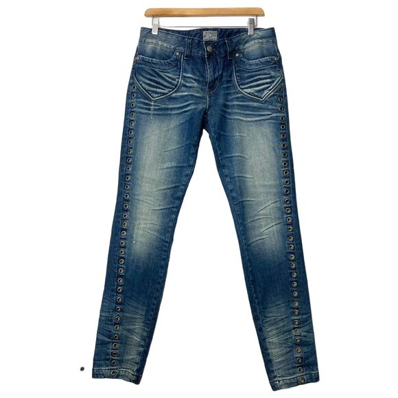 NWOT REROCK FOR EXPRESS Jeans 12 Blue Stonewash Skinny Studded Distress Cotton - Picture 1 of 13
